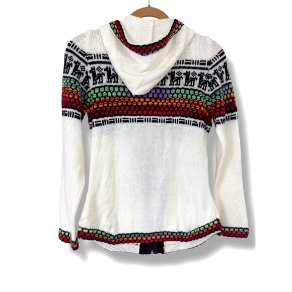 Alpaca White Multi-color Peruvian Wool Zip Cardigan Sweater Hooded Pockets Sz M - Picture 3 of 6